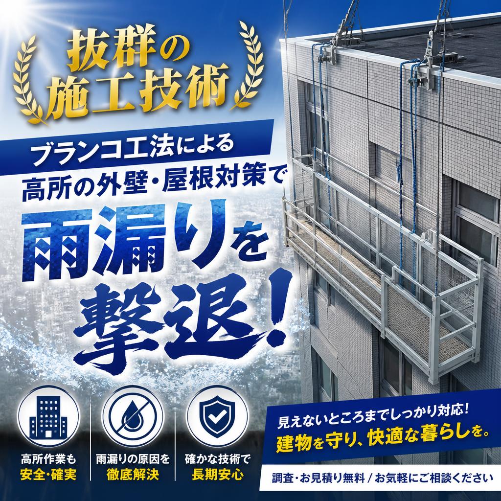 抜群の施工技術、ブランコ工法による高所の外壁・屋根対策で雨漏りを撃退！