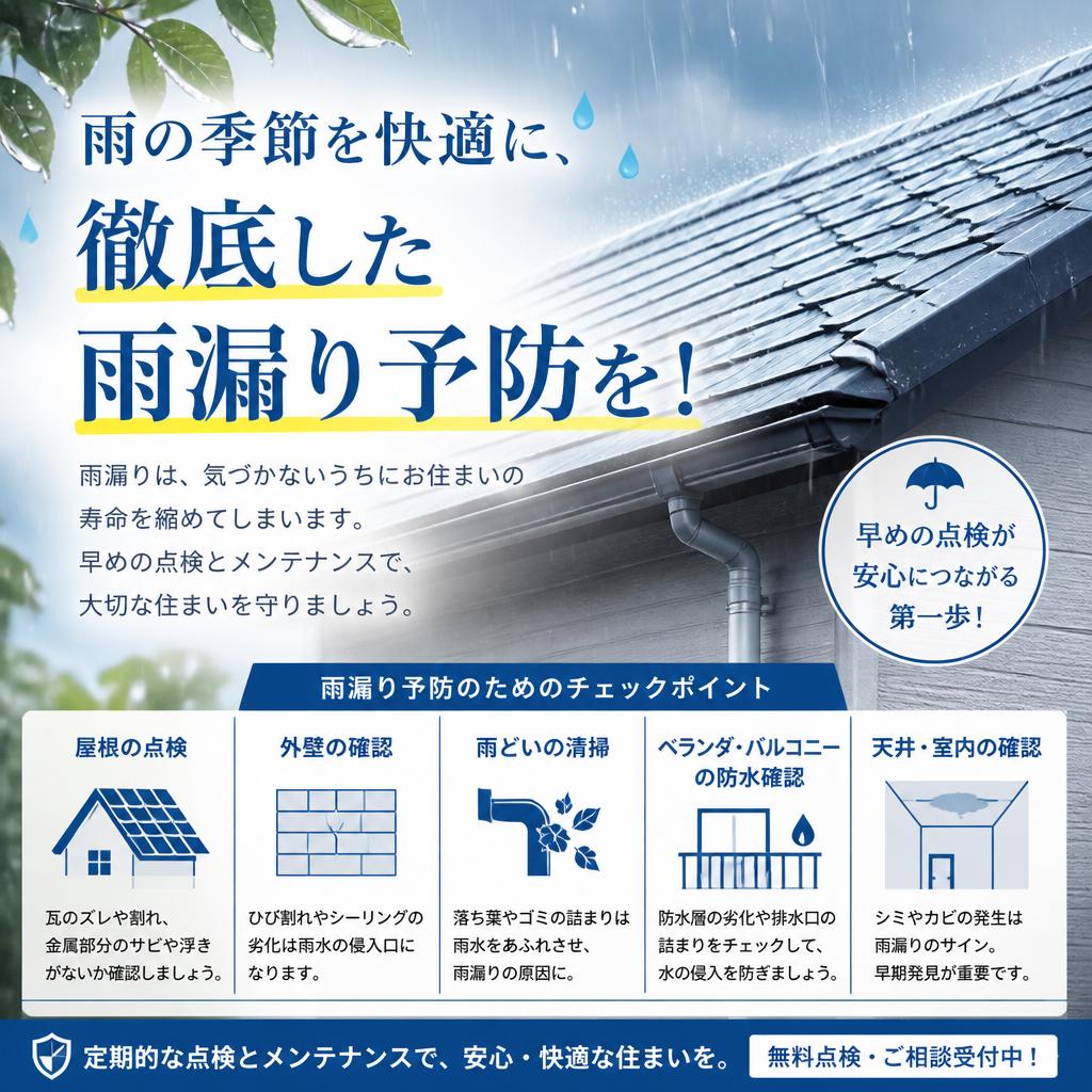 雨の季節を快適に、徹底した雨漏り予防を！