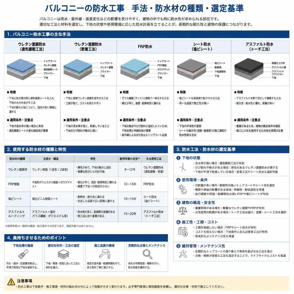 2. バルコニー防水の方法と選定基準