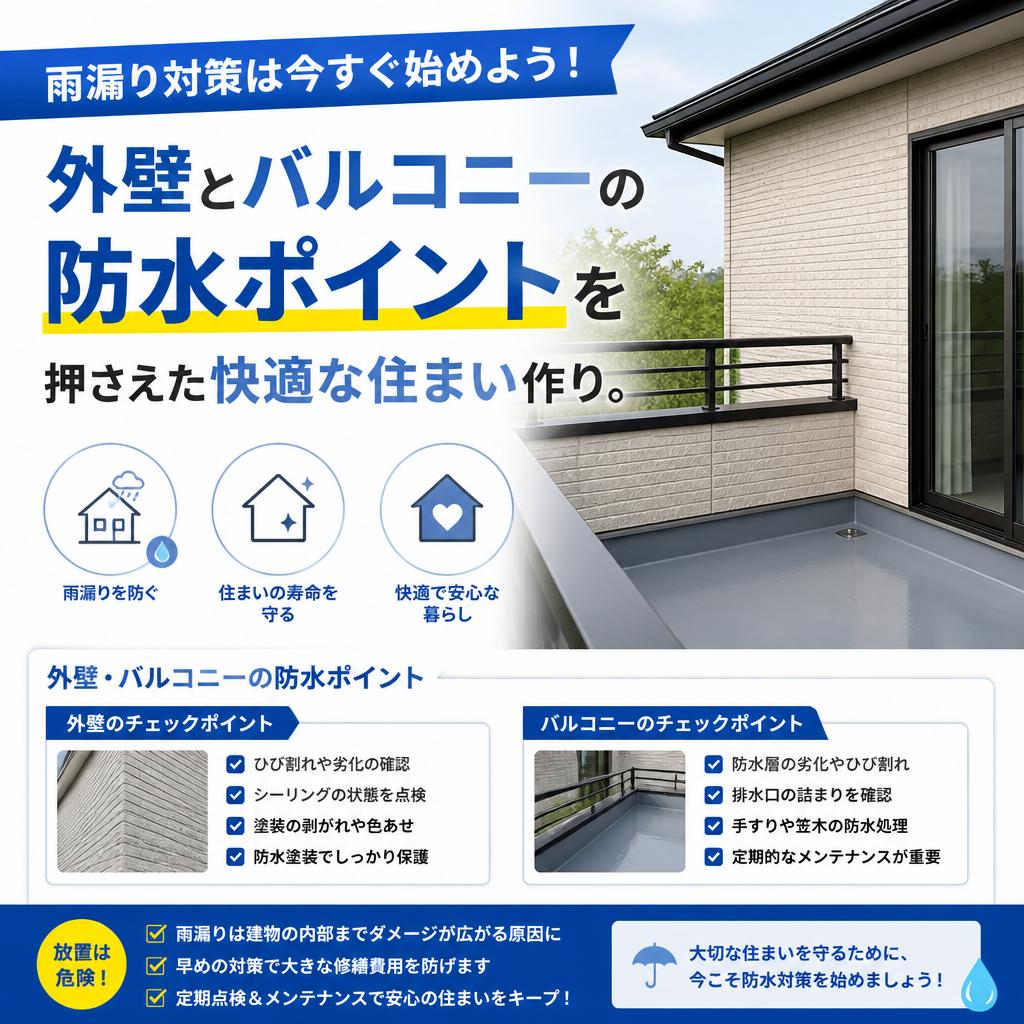 雨漏り対策は今すぐ始めよう！外壁とバルコニーの防水ポイントを押さえた快適な住まい作り。