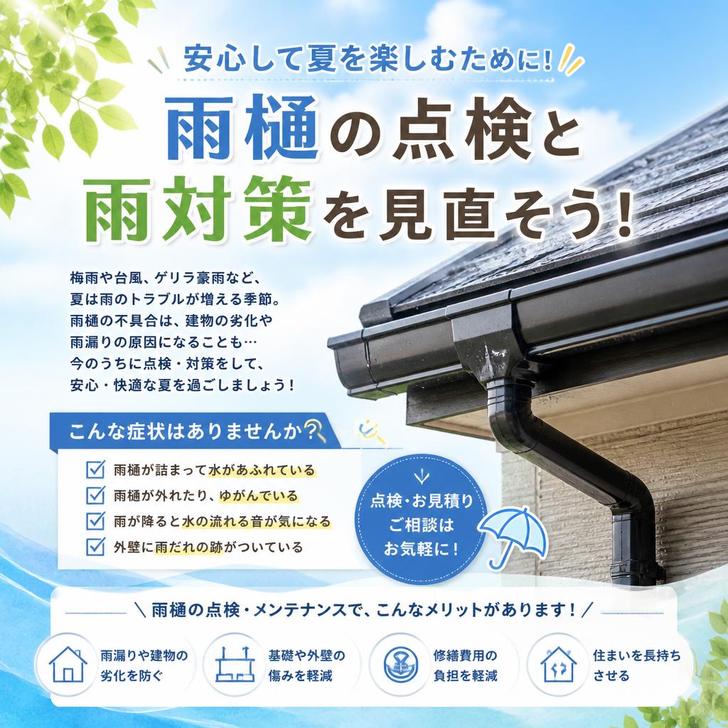 安心して夏を楽しむために！雨樋の点検と雨対策を見直そう！
