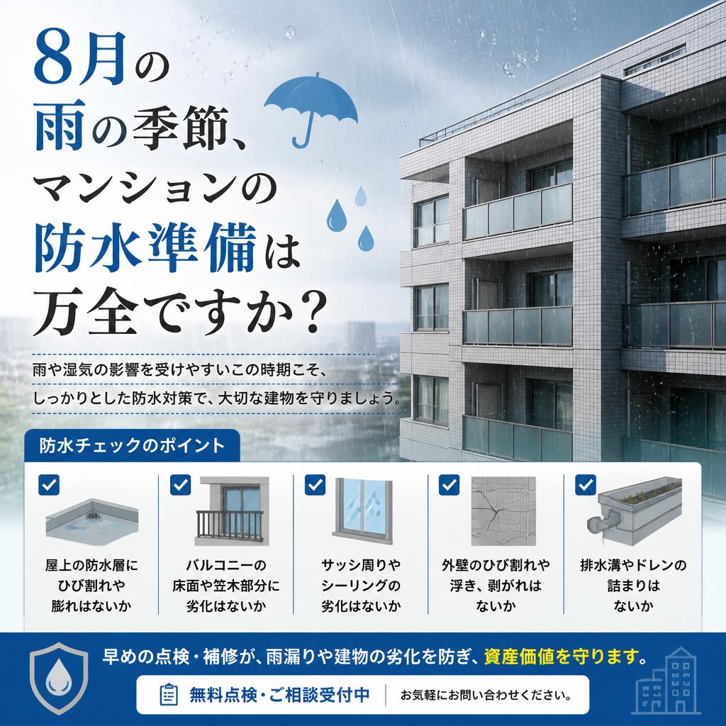 8月の雨の季節、マンションの防水準備は万全ですか？