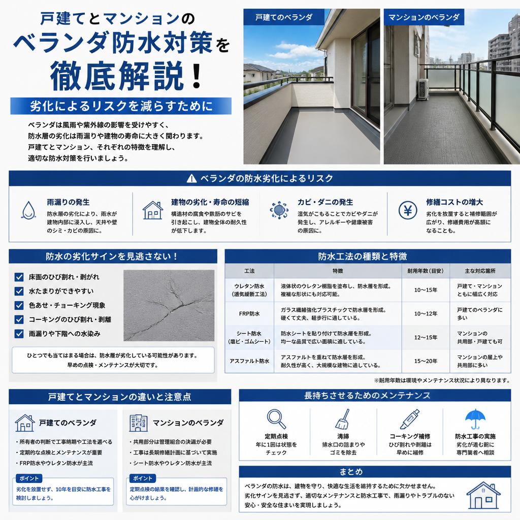 戸建てとマンションのベランダ防水対策を徹底解説！劣化によるリスクを減らすために