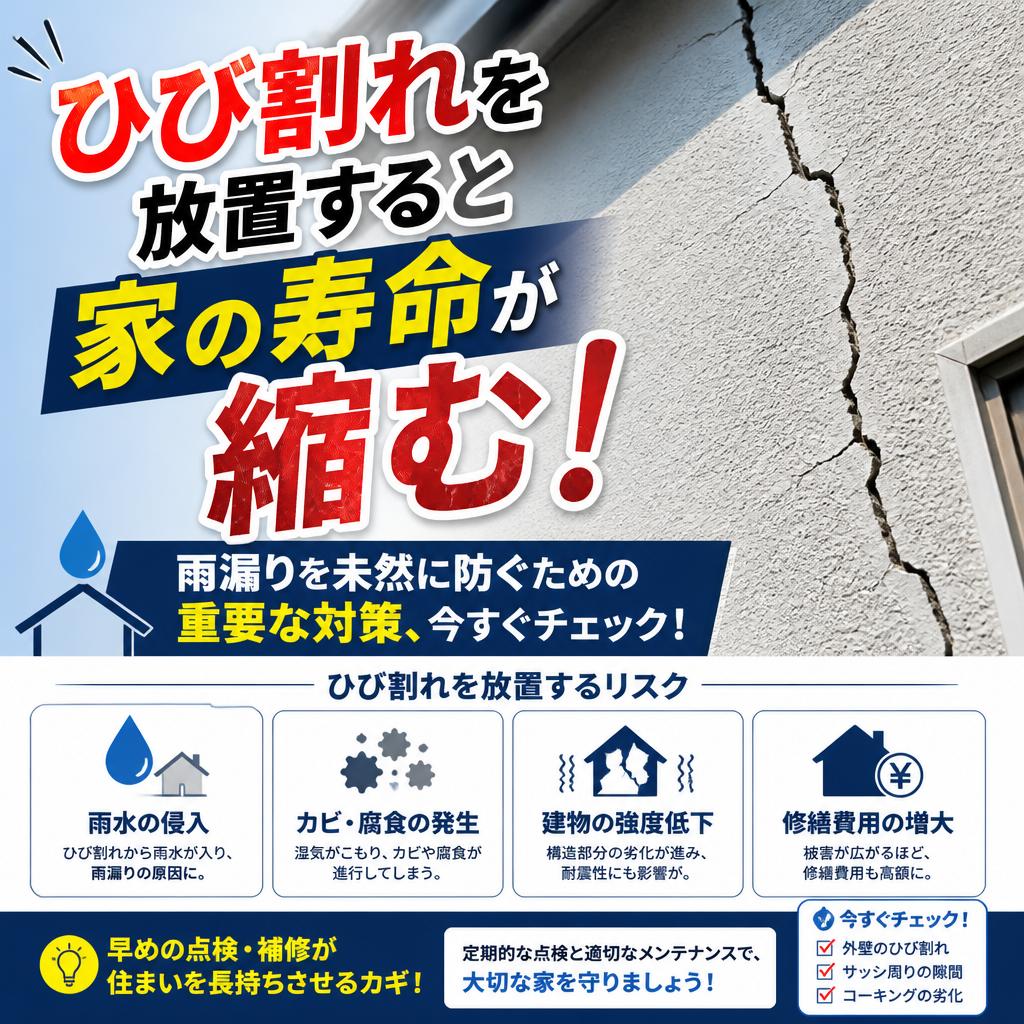 ひび割れを放置すると家の寿命が縮む！雨漏りを未然に防ぐための重要な対策、今すぐチェック！
