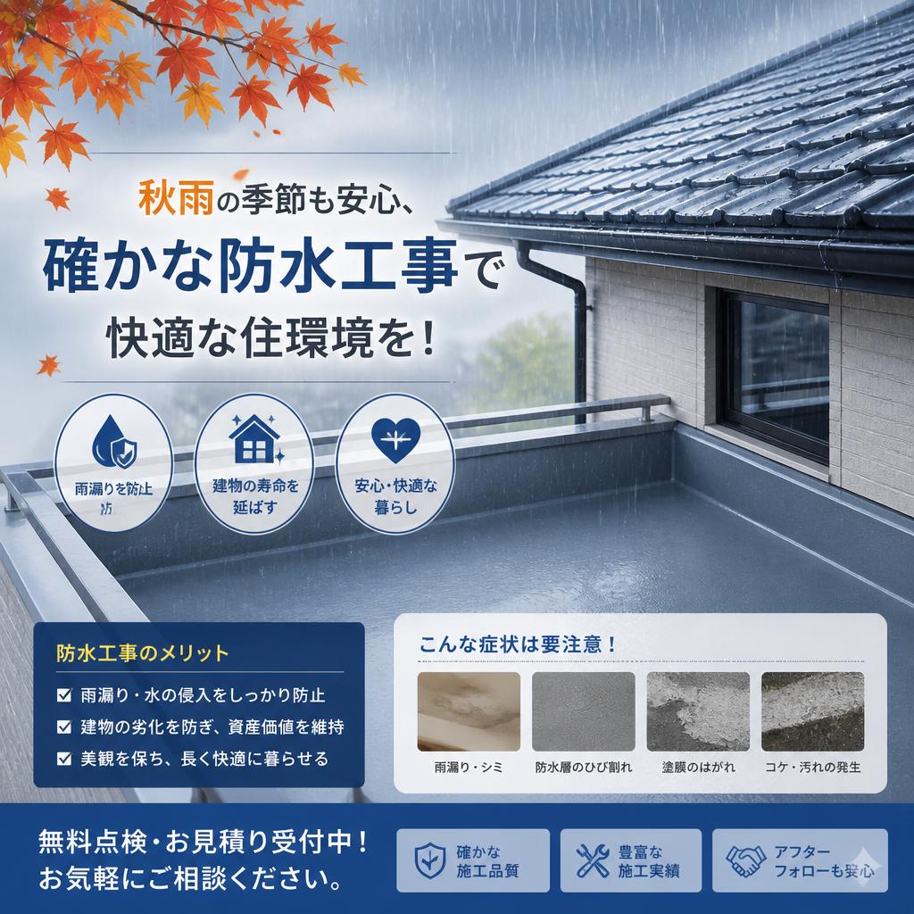 秋雨の季節も安心、確かな防水工事で快適な住環境を！