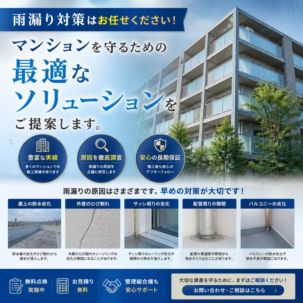 雨漏り対策はお任せください！マンションを守るための最適なソリューションをご提案します。