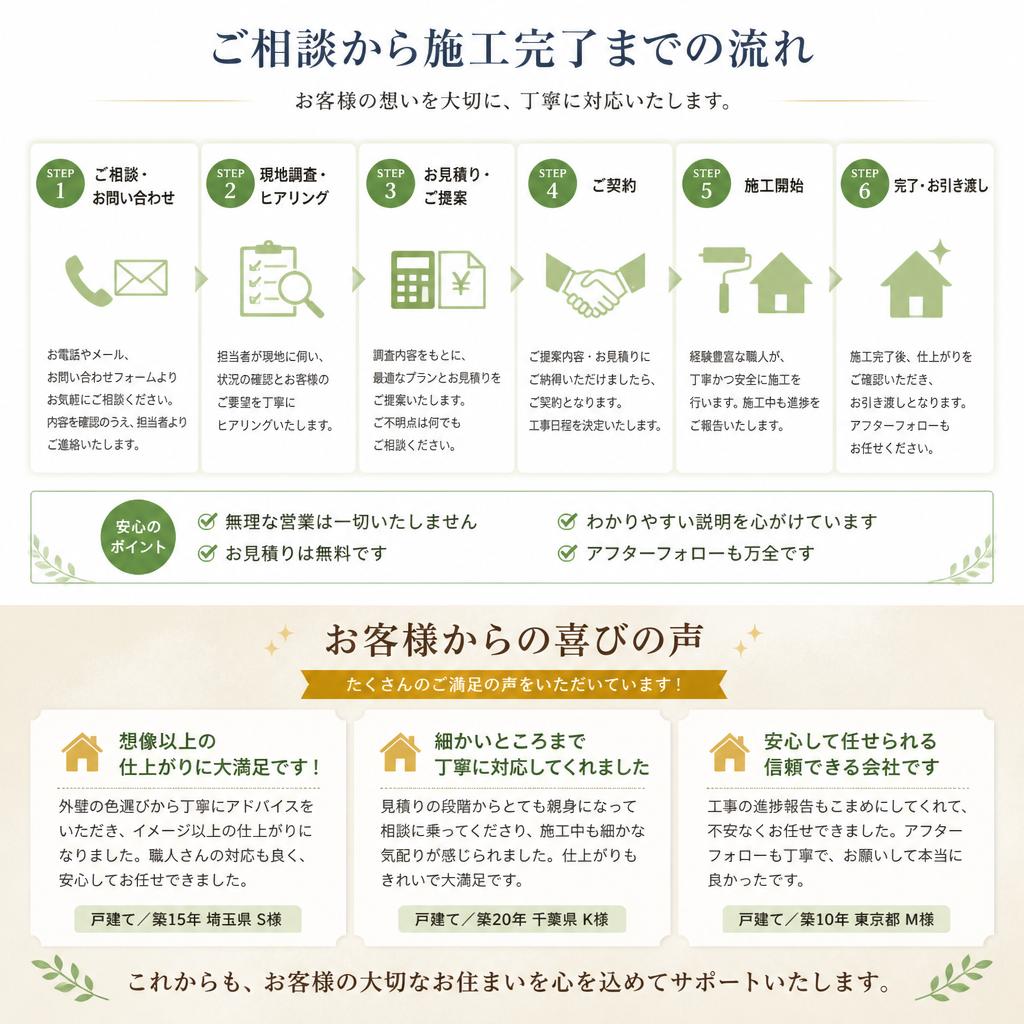 施工の流れとお客様の声